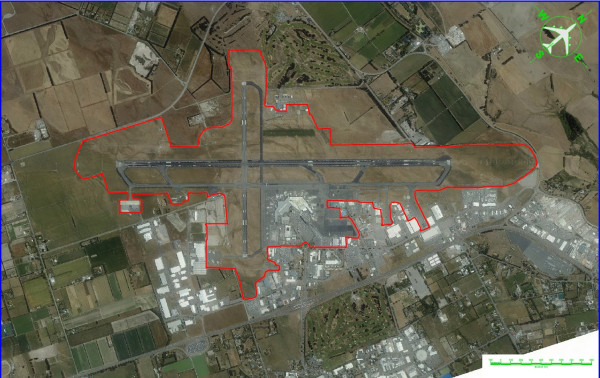 Aerial view of Christchurch Airport with ICA boundary outlined in red