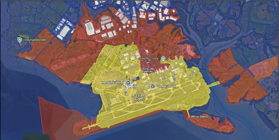 Aerial view of Auckland International Airport and surrounding area, with ICA boundary highlighted in yellow.