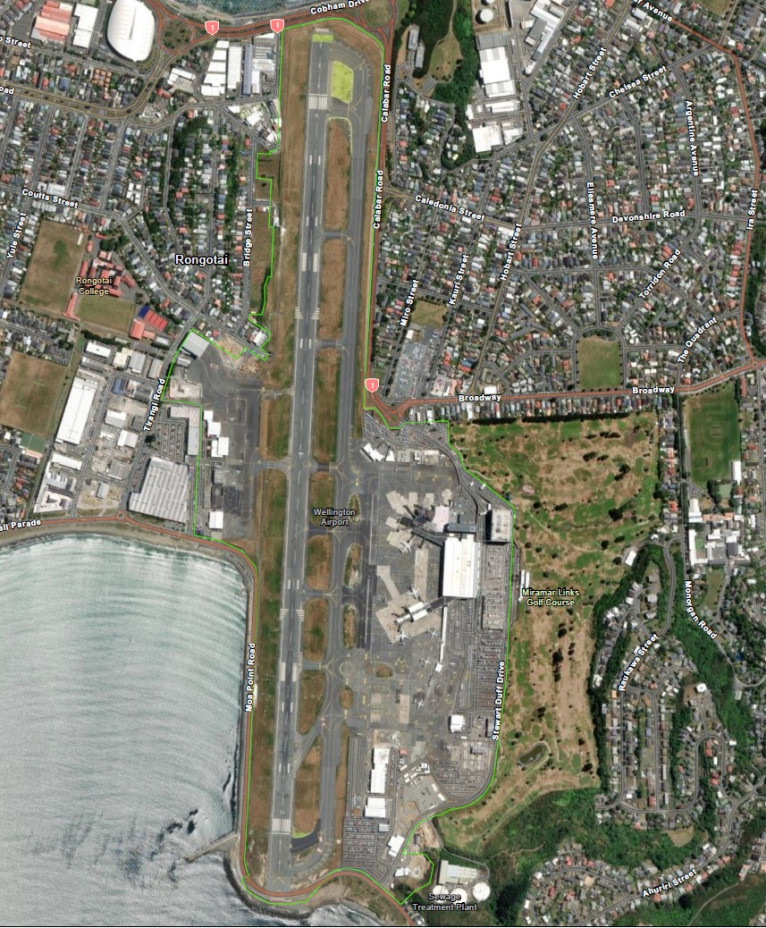 Aerial view of Wellington International Airport and surrounding area, with ICA boundary outlined in green