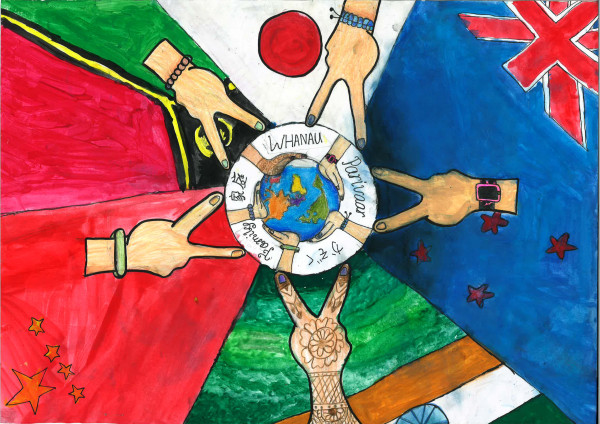 .Poster featuring multiple national flags in the background. Overlaid are five hands reaching inward to form a star shape. Inside the star is a globe being held up by additional hands
