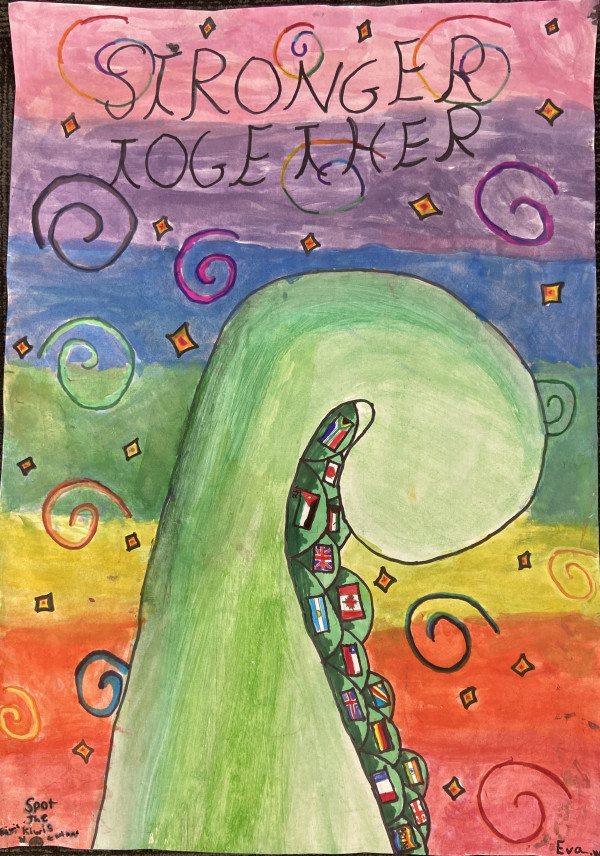Poster featuring a rainbow background and a large koru pattern. The underside of the koru has multiple different flags. The top of the poster reads Stronger together.