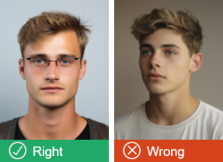 The photo on the left shows a person looking directly at the camera with their head straight-on (correct). The photo on the right shows a person looking off to the right with their head turned (incorrect).