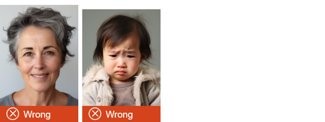 The photo on the left shows a person who is smiling too much and showing teeth, the photo on the right shows a frowning toddler. 