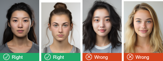 The first two photos on the left show people with long hair behind theur ears or tied up out of the way, the last two photos on the right show people with long hair covering their ears. 
