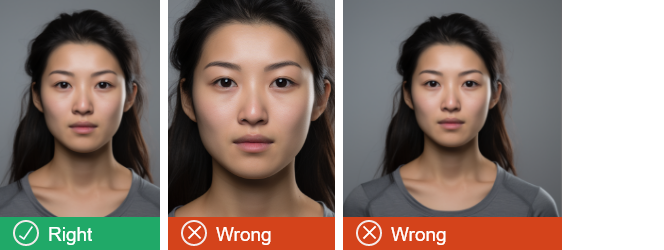 The photo on the left has correct spacing around the face, the photo in the middle is too close with no space around the face and the photo on the right has too much space around the face. 