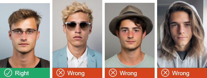 The photo on the left shows a person wearing glasses that do not get in the way of seeing the face, the second phot shows a person with dark glasses, the thirrd photo shows a person wearing a hat and the fifth photo shows a person wearing a hoodie. 