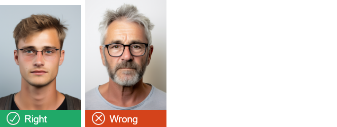 The photo on the right shows a person wearing thin rimmed glasses with no glare that do not obscure the face, the phot on the right shows a person wearing think dark rimmed glasses. 