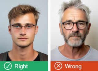 The photo on the left shows a person wearing thin rimmed glasses with no glare that do not obscure the face (correct). The photo on the right shows a person wearing thick rimmed dark glasses that obscure the face (incorrect).