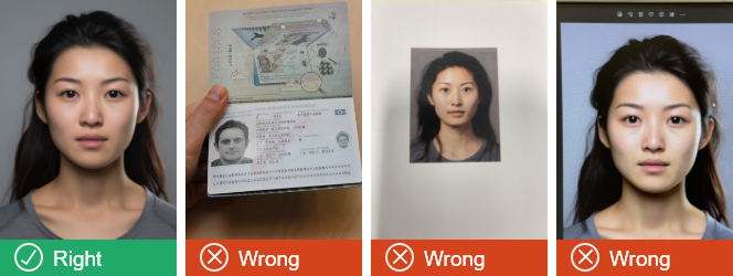 The  photo on the left is correct, second photo is of a passport page, the third photo is of a printed photo and fourth photo is a photo of a photo. 