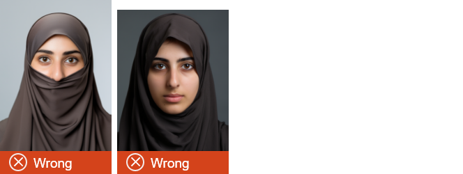 The photo on the left has a covering over the mouth and the photo on the right the covering obscures the sides of the face. 
