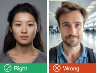 The photo on the left is correct (not a selfie). The other photo is a selfie and incorrect because of the background, positioning, and lighting.