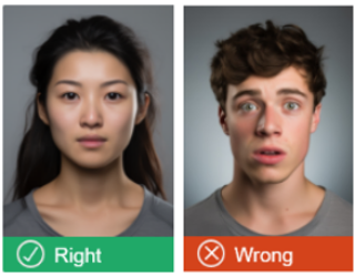 The person in the photo on the left has their eyes open and mouth shut (correct). The person in the photo on the right has their mouth open and their expression is not neutral (incorrect).