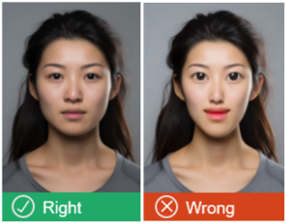 The person in the photo on the left has not been altered to change the lighting, focus or contrast (correct). The photo on the right has been digitally altered to change the person's eye size, lips and slim their face (incorrect).