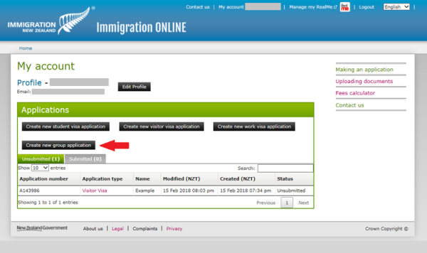 Screenshot of the My account page with an arrow indicating the Create new group application button. 