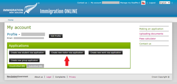 Screen shot of process with an arrow pointing to the Create new visitor visa application button. 