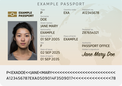 Example passport image showing full details and a clearly visible MRZ code at the bottom.