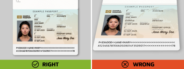 Two passport examples: 'RIGHT' is taken straight-on and looks normal; 'WRONG' is taken at an angle, which makes the text and barcode misaligned.