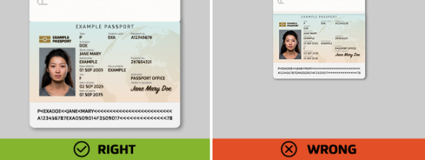 Two passport examples: 'RIGHT' fills the frame correctly; 'WRONG' has large margins and shows the passport too small.