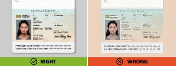 Two passport examples: 'RIGHT' has good contrast and is easy to read; 'WRONG' is faint and hard to see due to poor contrast.