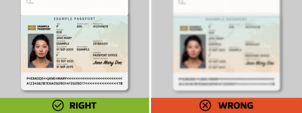 Clear passport image labeled 'RIGHT' beside a blurry one labeled 'WRONG' to show acceptable scan quality for a passport.