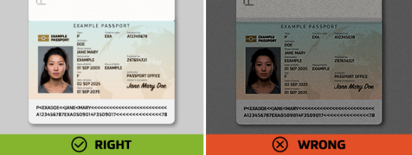 Two passport examples: 'RIGHT' is well-lit and clear; 'WRONG' is dark and hard to read due to poor lighting.