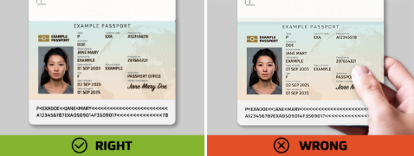 Two passport examples: 'RIGHT' shows a clear, unobstructed passport; 'WRONG' has a hand covering key details, which is not accepted.