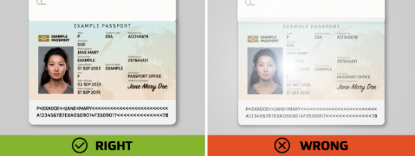 Two passport examples: 'RIGHT' is clear; 'WRONG' has glare or reflection obscuring the text, which is not accepted.