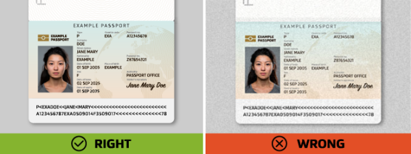 Two passport examples: 'RIGHT' is high resolution and easy to read; 'WRONG' is low resolution and blurry.