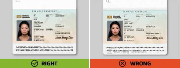 Two passport examples: 'RIGHT' is clear and watermark-free; 'WRONG' has a visible watermark, which is not accepted.