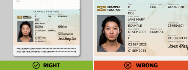 Two passport examples: 'RIGHT' has small margins and shows the full passport; 'WRONG' is zoomed in too much, cutting off the bottom.