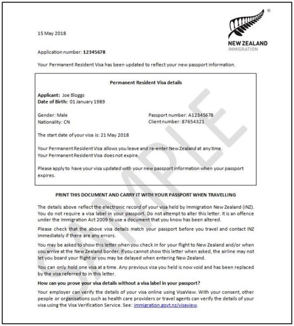Image example of what the elabel looks like for the Permanent Resident Visa