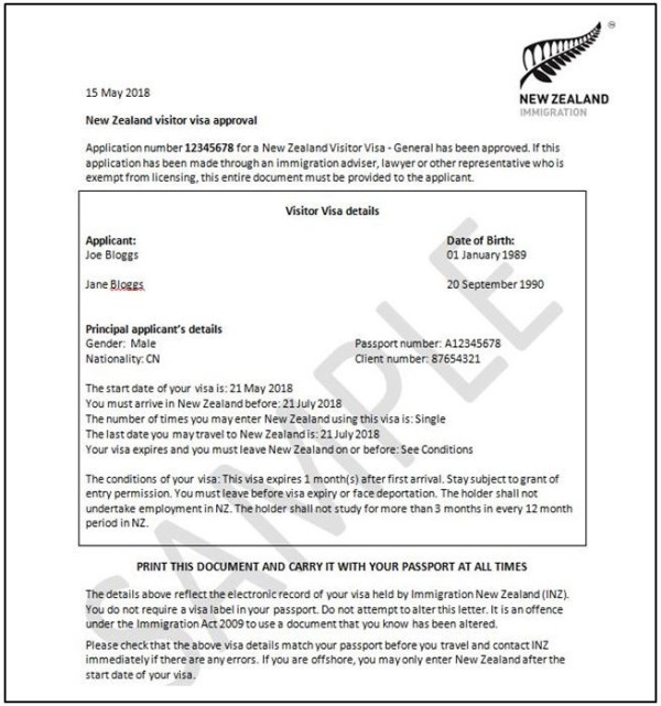 Image example of what the visa label looks like for the Vistor Visa eVisa