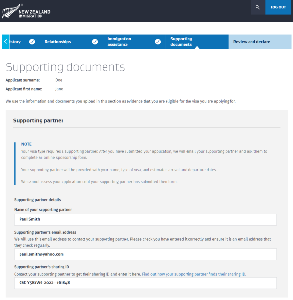 Screenshot of the Supporting documents page