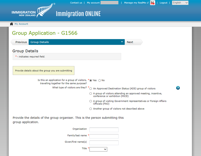 Immigration Online application screen image - Answer questions about the group, and provide information about the group organiser.