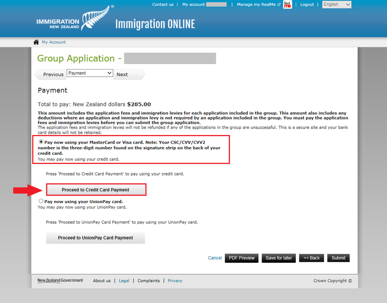 Immigration Online application screen image - confirm the amount owing and how you will pay.