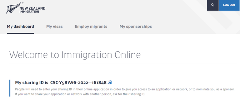 Screen shot of Immigration Online showing a user's sharing ID.