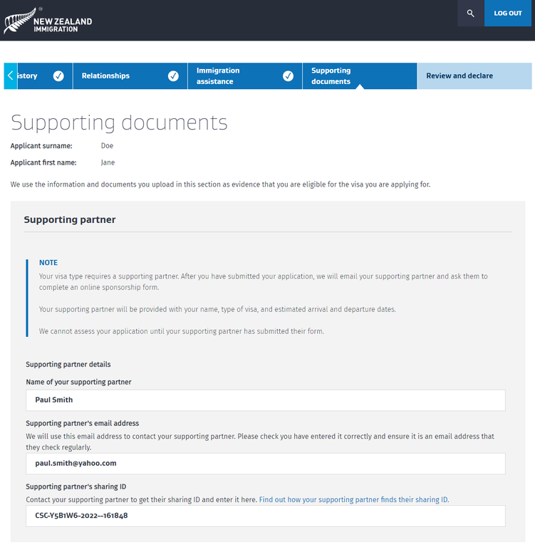 Screenshot of immigration online showing the 'supporting partner' section. The user is being asked to input their supporting partner's name, email address and sharing ID. 