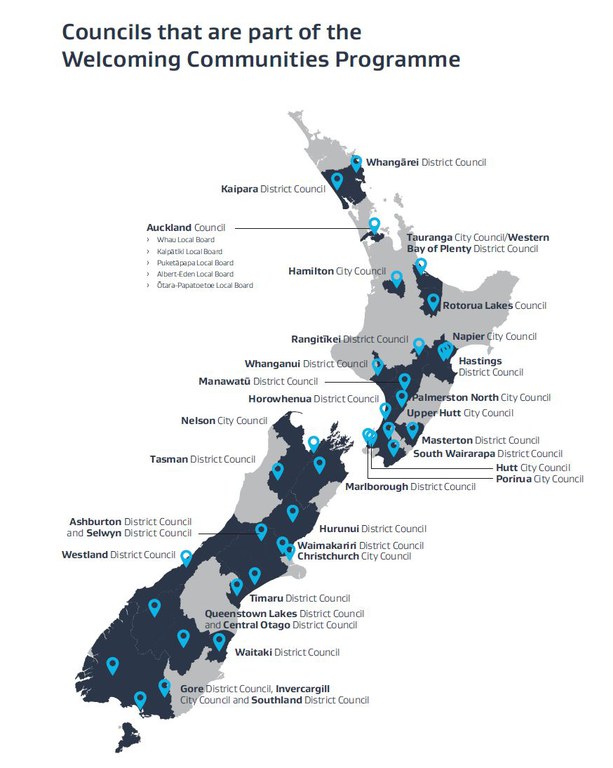 Map showing the location and names of the welcoming communities councils